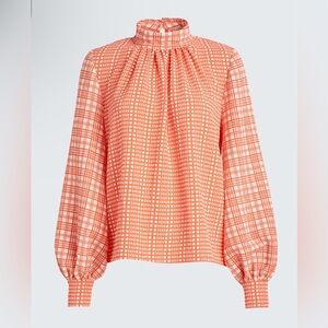 STINE GOYA Orange and White Gingham & Plaid Eddy Blouse Medium
